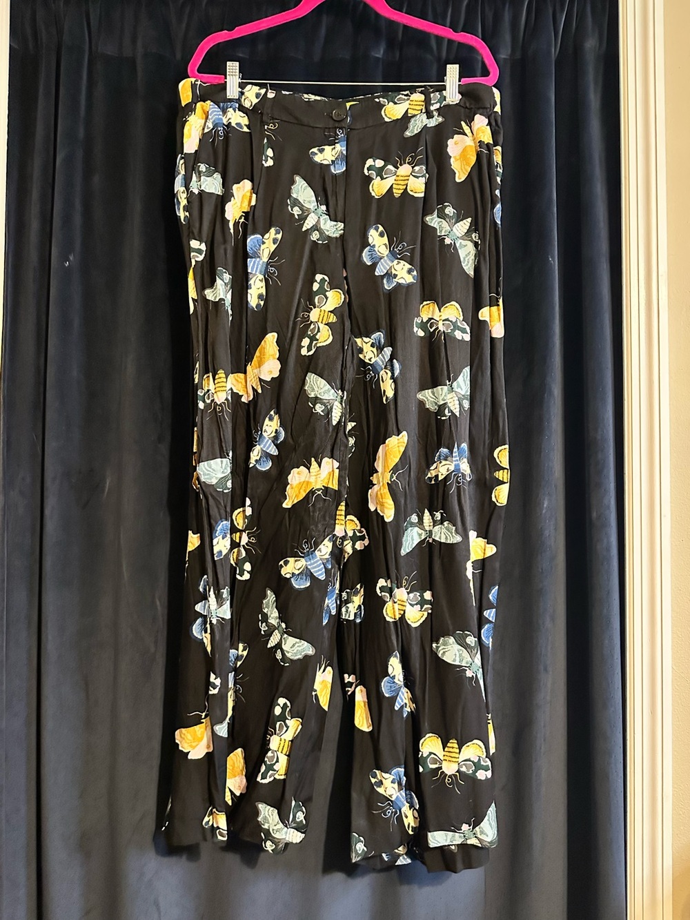 Anthropologie Black Butterfly-Print Wide Leg Pants - Yellow & Blue